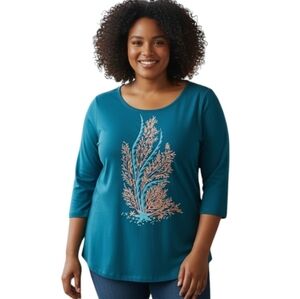 Bob Mackie Teal Top with Coral Sequin Pattern